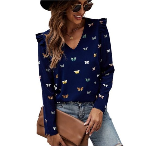 SHEIN Tops - SHEIN Navy Blue with Butterfly Print Ruffle Trim Blouse Size L (8/10) NWT